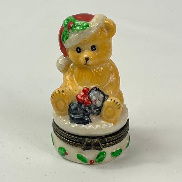 Porcelain Bear Trinket Box Christmas Santa Hat Kitten Holly Hinged Lid Decor - Picture 1 of 9